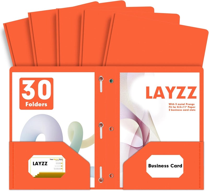LAYZZ Plastic 2 Pocket Folders with Prongs, 30 Pack, Heavyweight, Letter Size Poly Folders with 3 Metal Prongs Fastener Clips (Orange) - Image 1